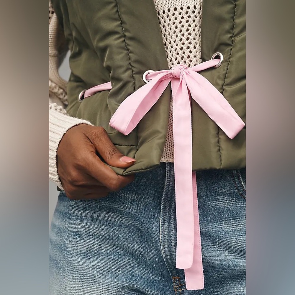 Daily Practice by Anthropologie Ribbon Tie Puffer Vest Size XS/S Green Pink - Picture 3 of 10